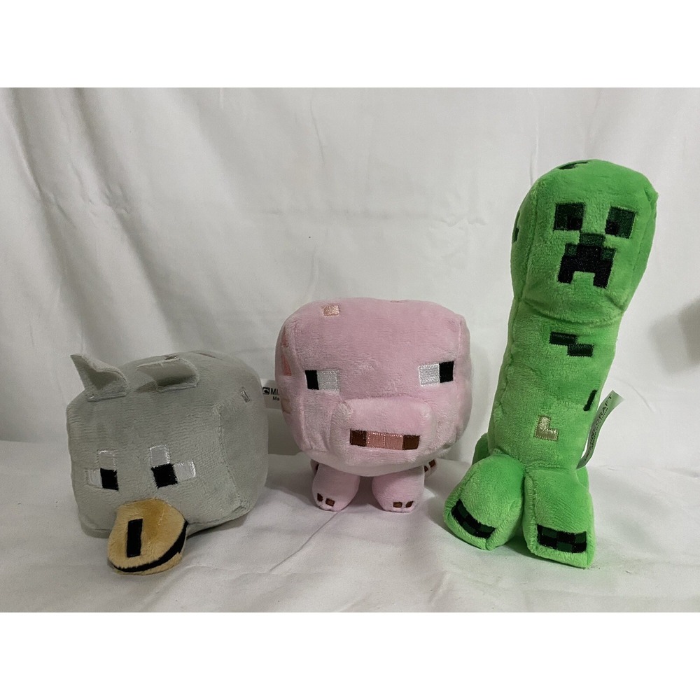 Minecraft Plush Wolf Dog Puppy, Creeper,  Cow Pig Stuffed Animals Lot of 3